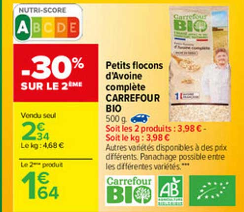 petits flocons d'avoine complète carrefour bio -30% sur le 2ème