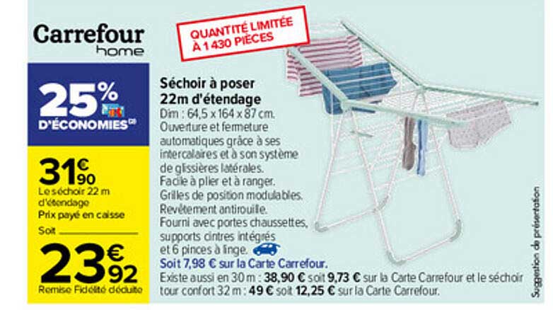séchoir à poser 22m d'étendage carrefour home