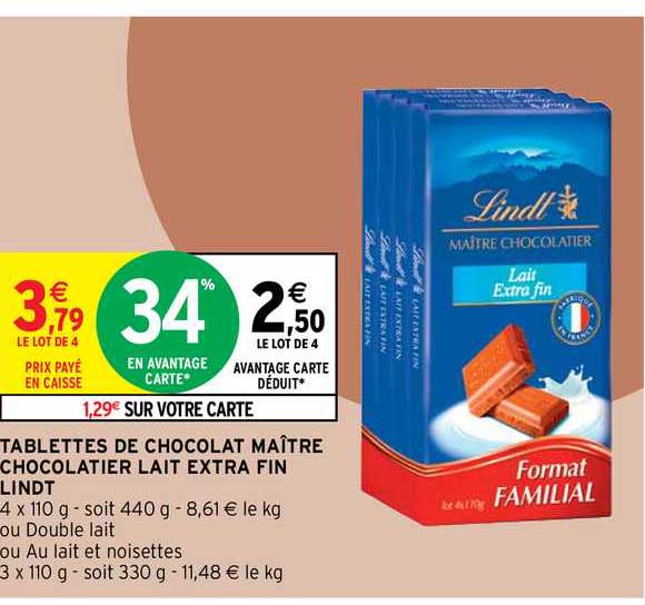 tablettes de chocolat maître chocolatier lait extra fin lindt