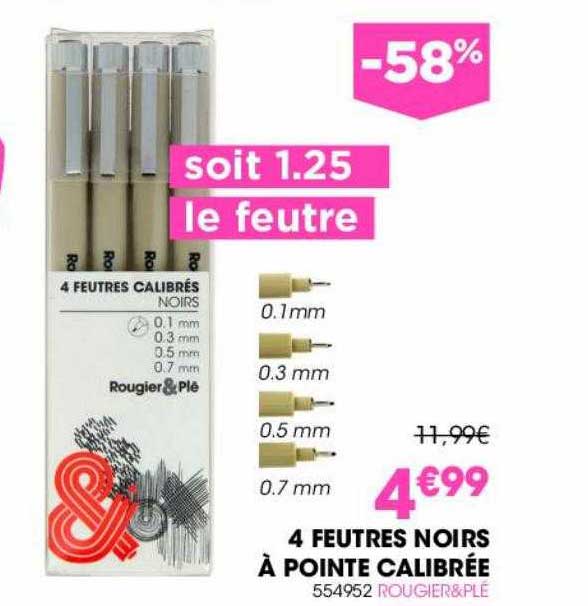 4 Feutres Noirs à Pointe Calibrée Rougier&plé