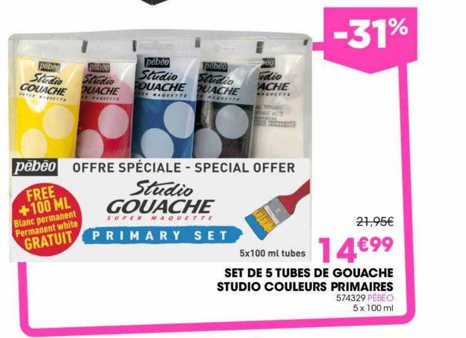 set de 5 tubes de gouache studio couleurs primaires