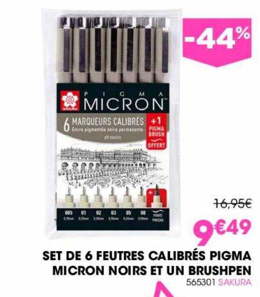 set de 6 feutres calibrés pigma micro noirs et un brushpen