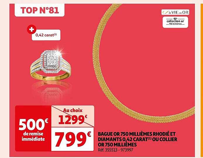 bague or 750 millièmes rhodié et diamants 0,42 carat ou collier or 750 millièmes