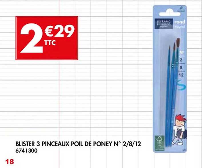 blister 3 pinceaux poil de poney n°2/8/12