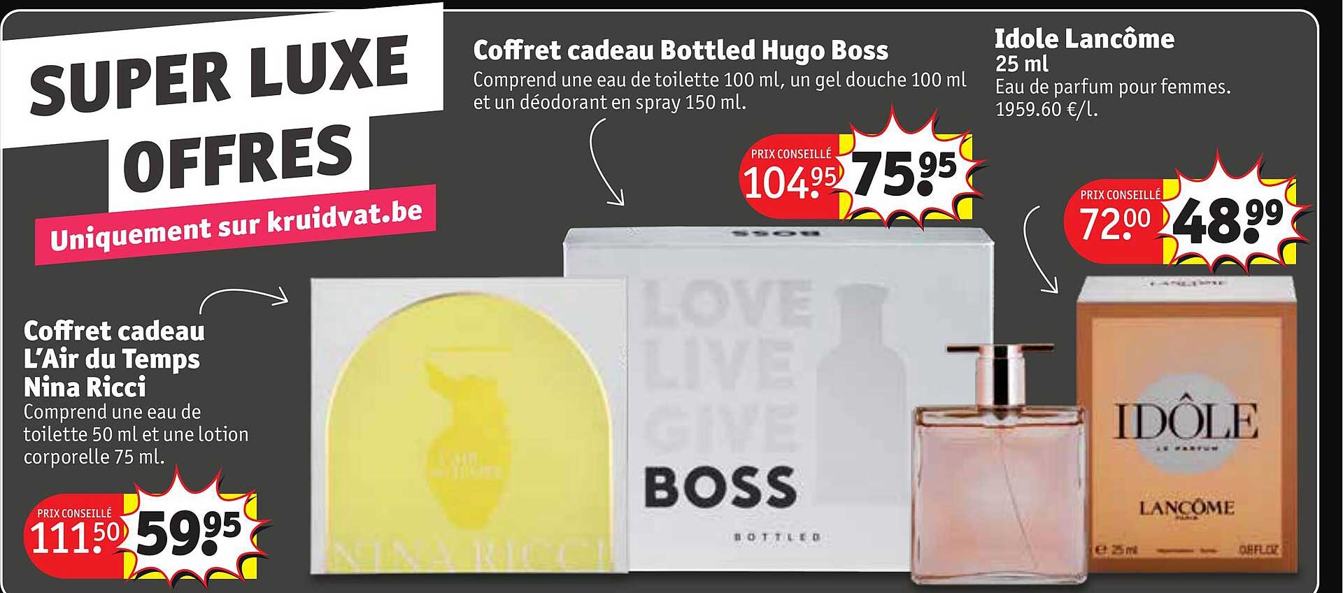 coffret cadeau l'air du temps nina ricci, coffret cadeau bottled hugo boss, idole lancôme