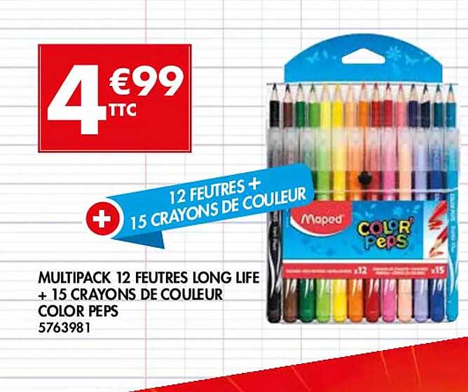 multipack 12 feutres long life + 15 crayons de couleur color peps