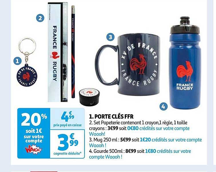 Porte Clés Ffr, Set Papeterie Contenant 1 Crayon, 1 Règle, 1 Taille Crayons, Mug 250ml, Gourde 500ml