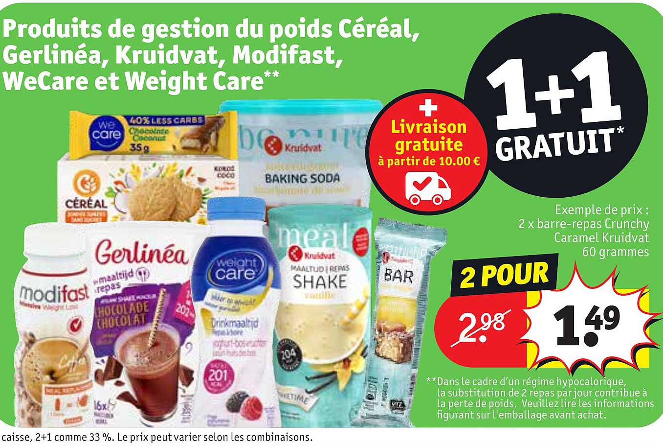 produits de gestion du poids céréal, gerliné, kruidvat, modifast, weCare et weight care