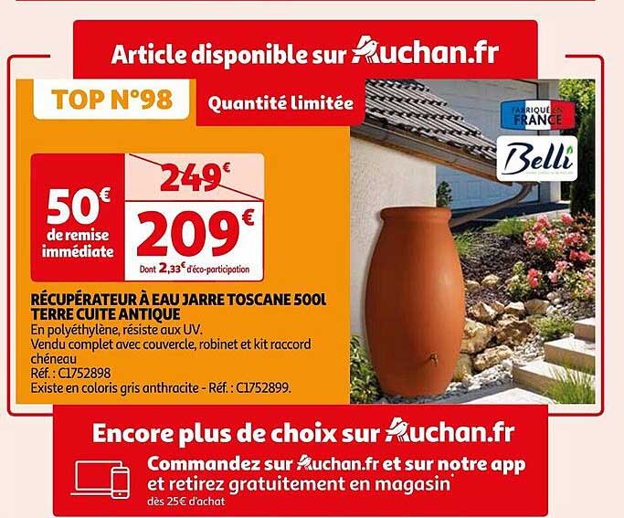 récupérateur à eau jarre toscane 500l terre cuite antique