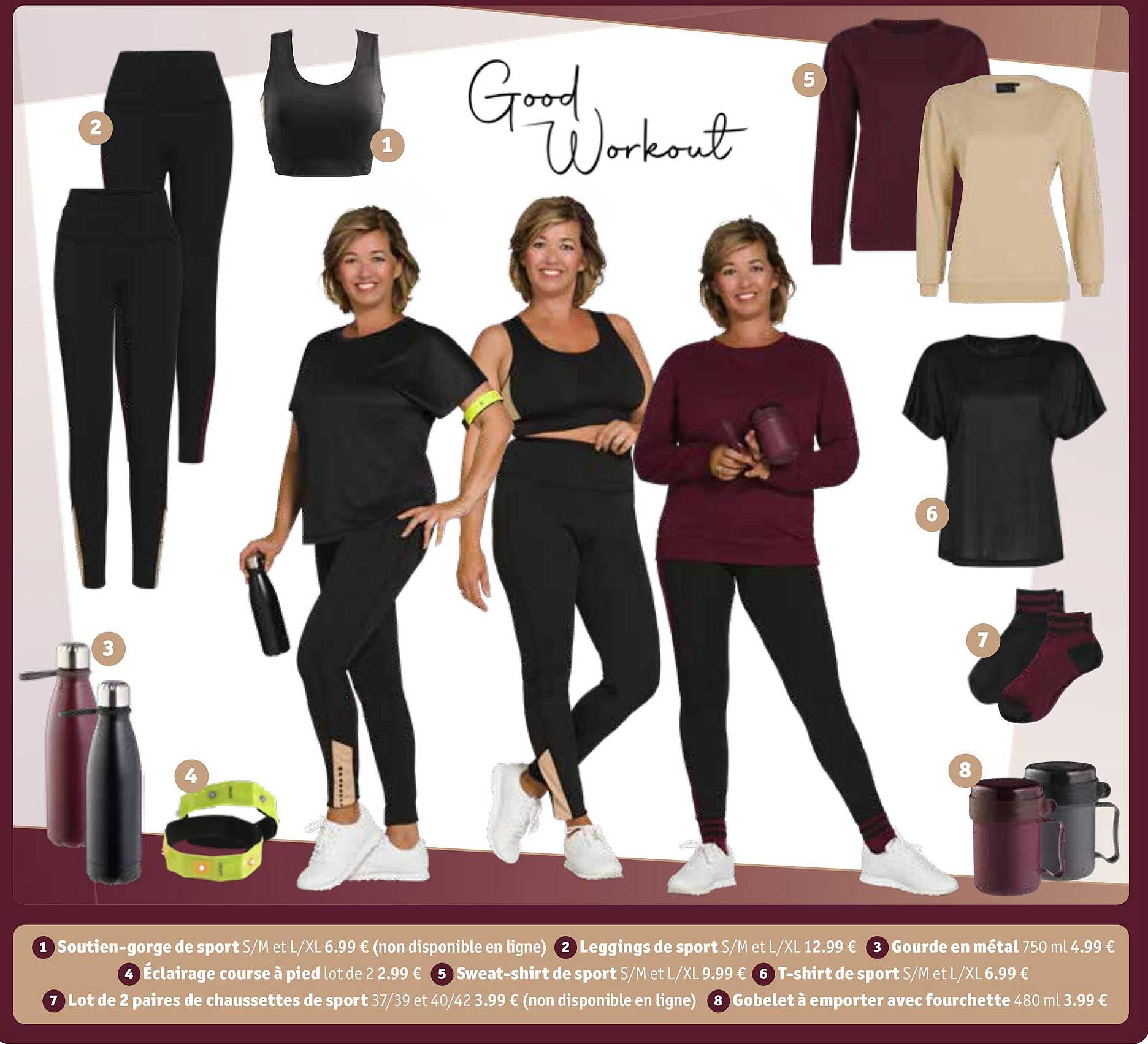 soutien-gorge de sport, leggings de sport, gourde en métal, éclairage course à pied, sweat-shirt de sport, t-shirt de sport, lot de 2 paires de chaussettes de sport, gobelet à emporter avec fourchette