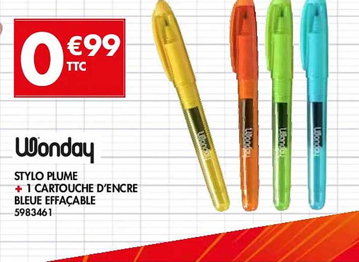 stylo plume + 1 cartouche d'encre bleue effaçable wonday