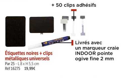 étiquettes noires + clips métalliques universels