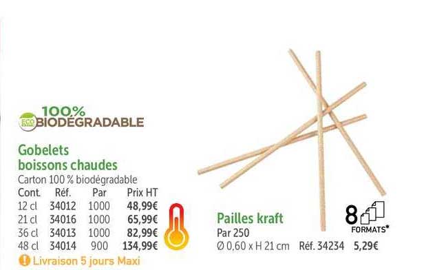 gobelets boissons chaudes pailles kraft 100% biodegradable