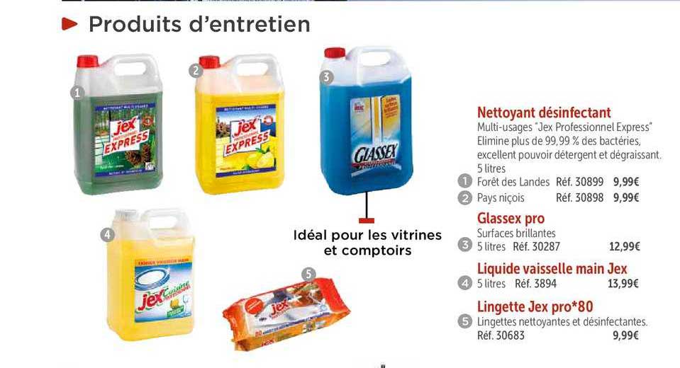 nettoyant désinfectant glassex pro liquide vaisselle main jex lingette jex pro 80