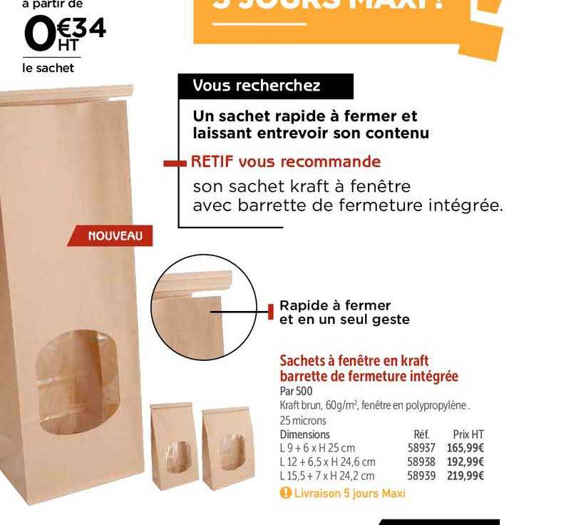 sachets à fenêtre en kraft barrette de fermeture intégrée