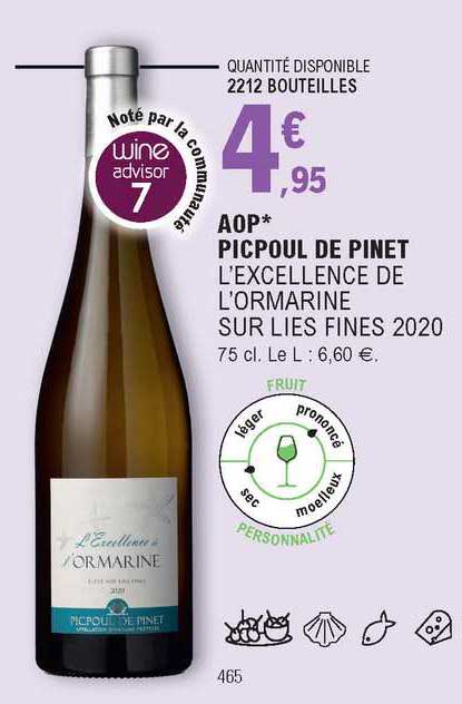 aop picpoul de pinot l'excellence de l'ormarine sur lies fines 2020