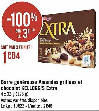 barre généreuse amandes grillées et chocolat kellogg's extra