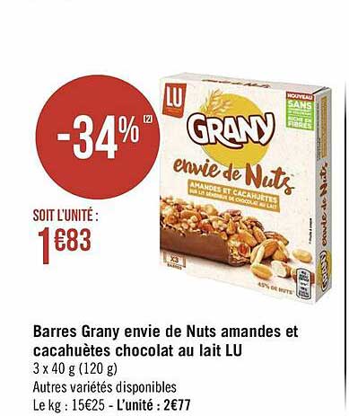 barres grany envie de nuts amandes et cacahuètes chocolat au lait lu
