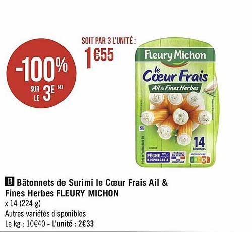 bâtonnets de surimi le cœur frais ail & fines herbes fleury michon