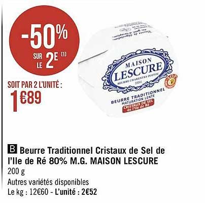 beurre traditionnel cristaux de sel de l'île de ré 80% m.g. maison lescure