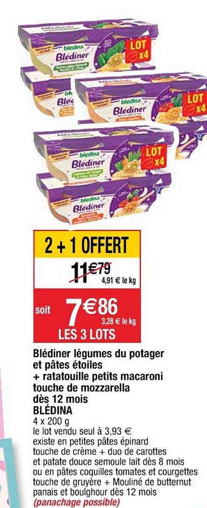 blédiner légumes du potager et pâtes étoiles + ratatouille petits macaroni touche de mozzarella dès 12 mois blédina 2+1 offert