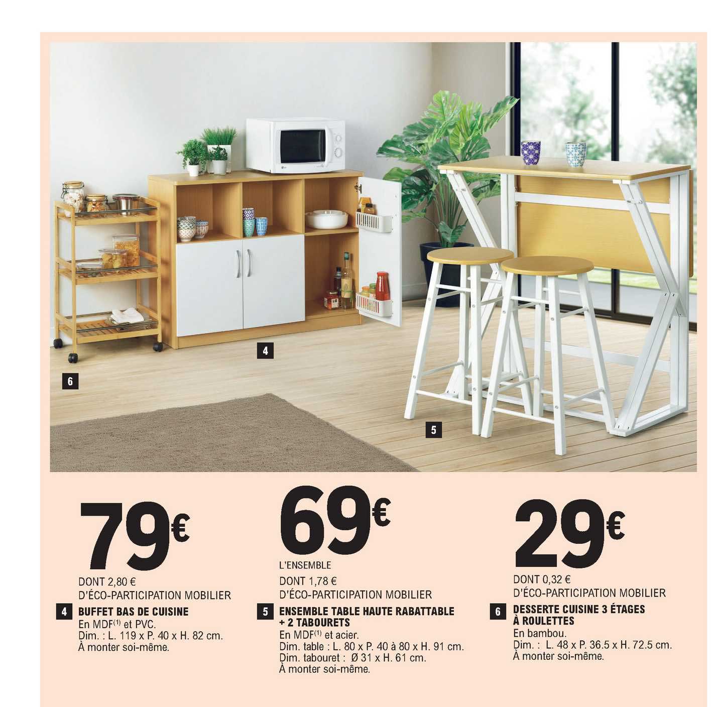 buffet bas de cuisine, ensemble table haute rabattable + 2 tabourets, desserte cuisiné 3 étages à roulettes