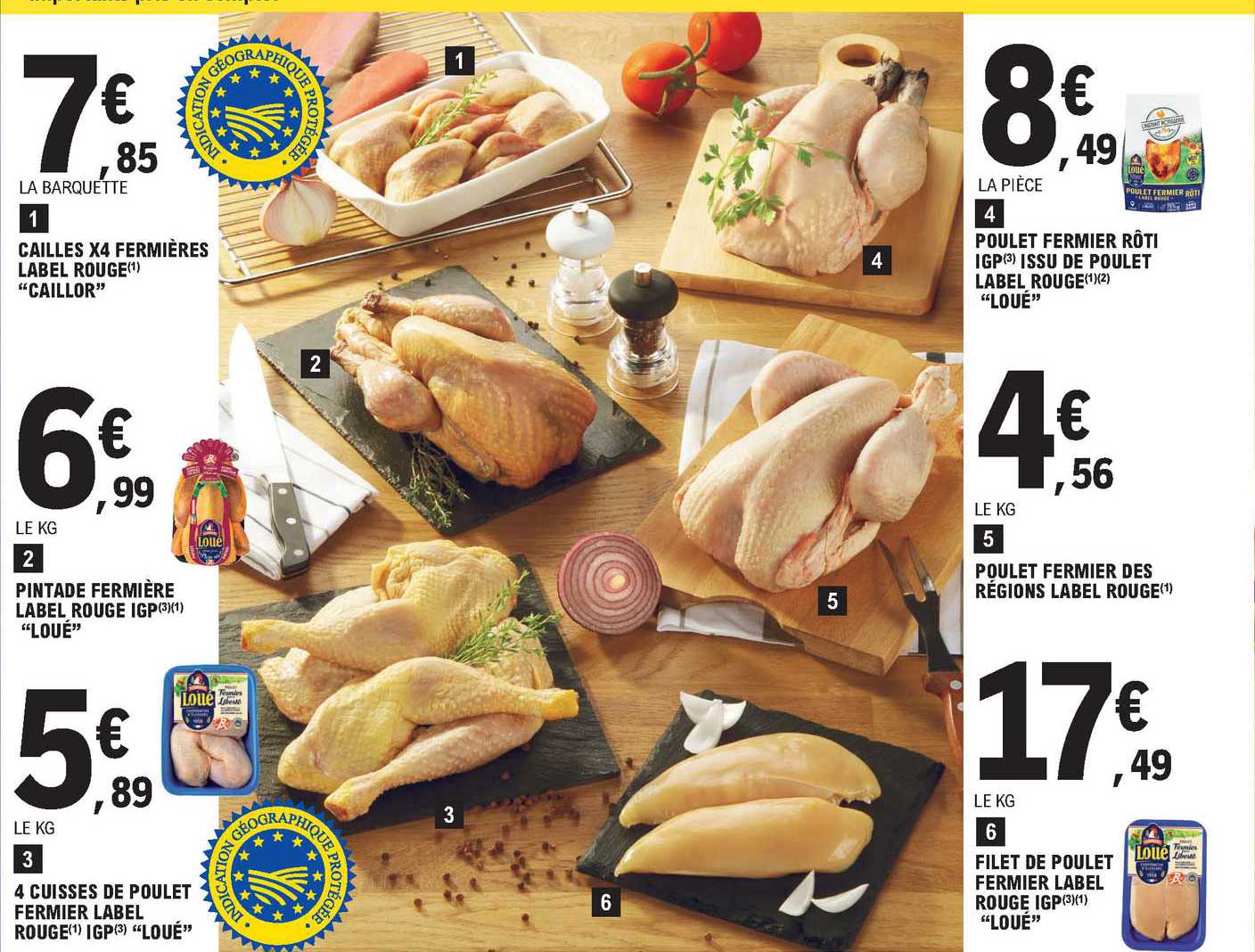 cailles x4 fermières label rouge "caillor", pintade fermière label rouge igp "loué", 4 cuisses de poulet fermier label rouge igp "loué", poulet fermier rôti igp issue de poulet label rouge "loué"
