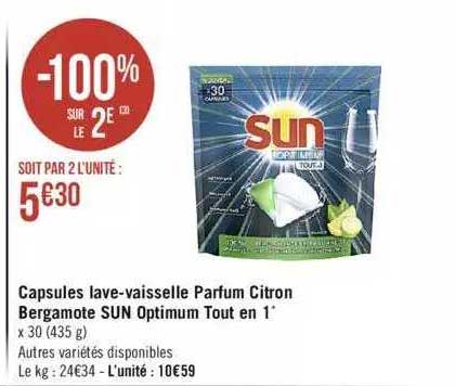 capsules lave-vaisselle parfum citron bergamote sun optimum tout en 1