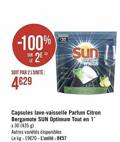 capsules lave-vaisselle parfum citron bergamote sun optimum tout en 1