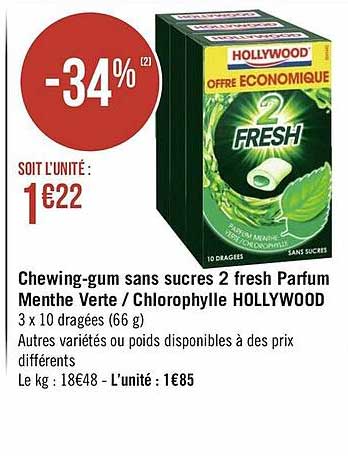chewing-gum sans sucres 2 fresh parfum menthe verte - chlorophylle hollywood