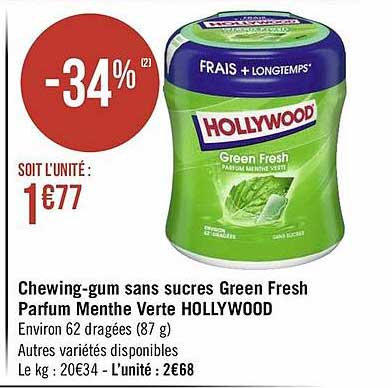 chewing-gum sans sucres green fresh parfum menthe verte hollywood