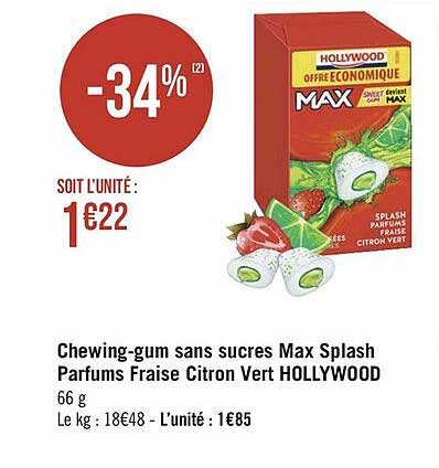 chewing-gum sans sucres max splash parfums fraise citron vert hollywood