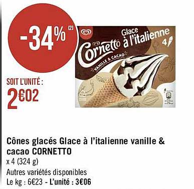 cônes glacés glace à l'italienne vanille & cacao cornetto
