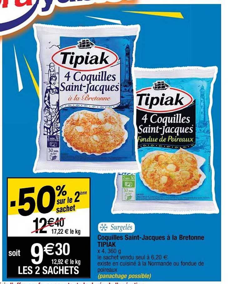 coquilles saint-jacques à la bretonne tipiak -50% sur le 2ème sachet