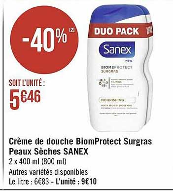 crème de douche biomprotect surgras peau sèches sanex