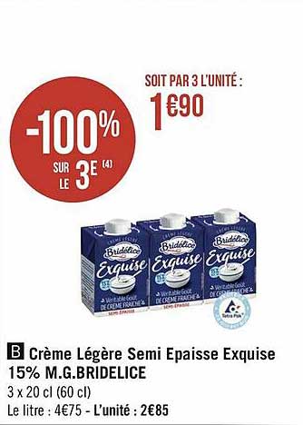 crème légère semi épaisse exquise 15% m.g. bridélice