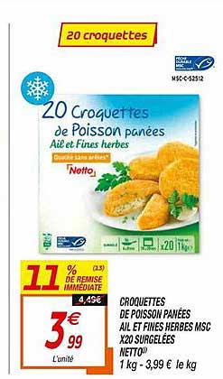 croquettes de poisson panées ail et fines herbes msc x20 surgelées netto