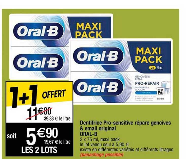 dentifrice pro-sensitive répare gencives & email original oral-b 1+1 offert
