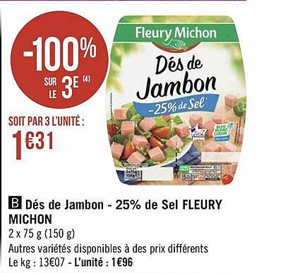 dés de jambon -25% de sel fleury michon