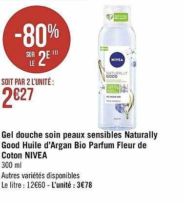 gel douche soin peaux sensibles naturally good huile d'argan bio parfum fleur de coton nivea