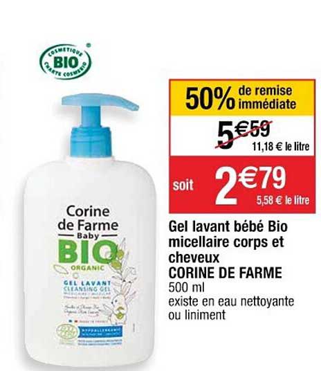 gel lavant bébé bio micellaire corps et cheveux corine de farme 50% de remise immédiate