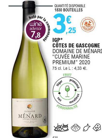 igp côtes de gascogne domaine de ménard "cuvée marine premium" 2020