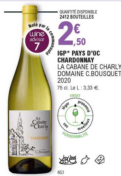 igp pays d'oc chardonnay la cabane de charly domaine c. bousquet 2020