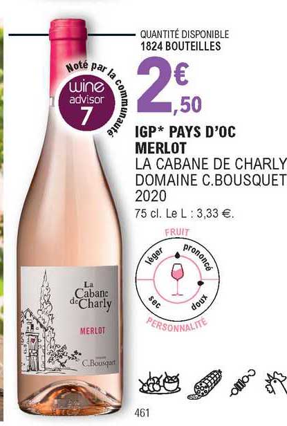 igp pays d'oc merlot la cabane de charly domaine c.bousquet 2020