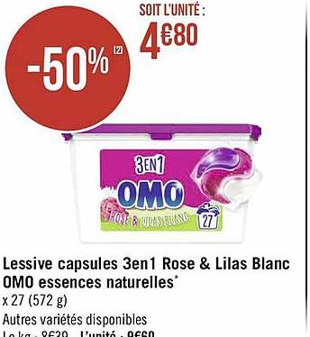 lessive capsules 3 en 1 rose & lilas blanc omo essences naturlles