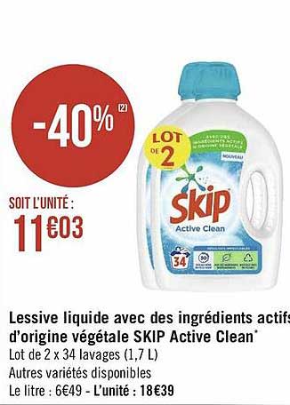 lessive liquide avec des ingrédients actifs d'origine végétale skip active clean