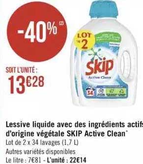 lessive liquide avec des ingrédients actifs d'origine végétale skip active clean