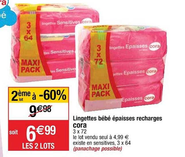 lingettes bébé épaisses recharges cora 2ème lot à -60%
