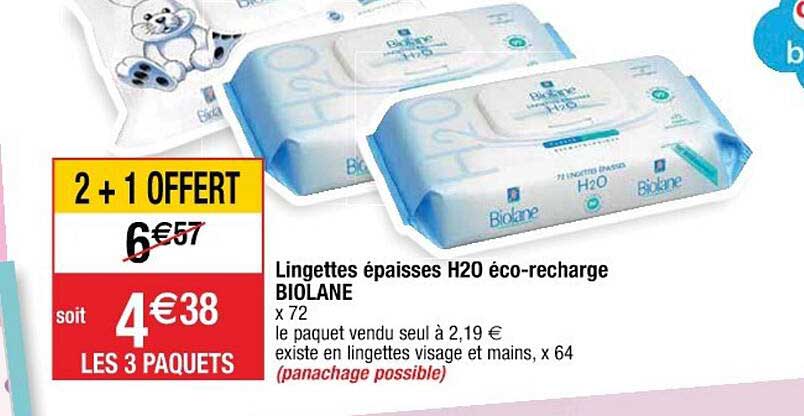 lingettes épaisses h2o éco-recharge biolane 2+1 offert