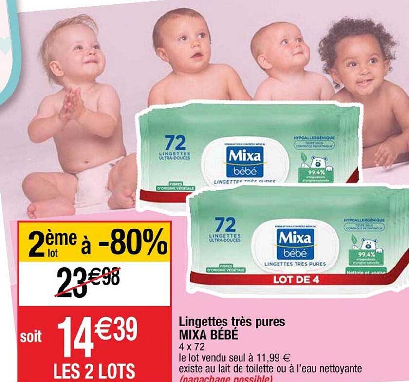 Lingettes Très Pures Mixa Bébé 2ème Lot à -80%